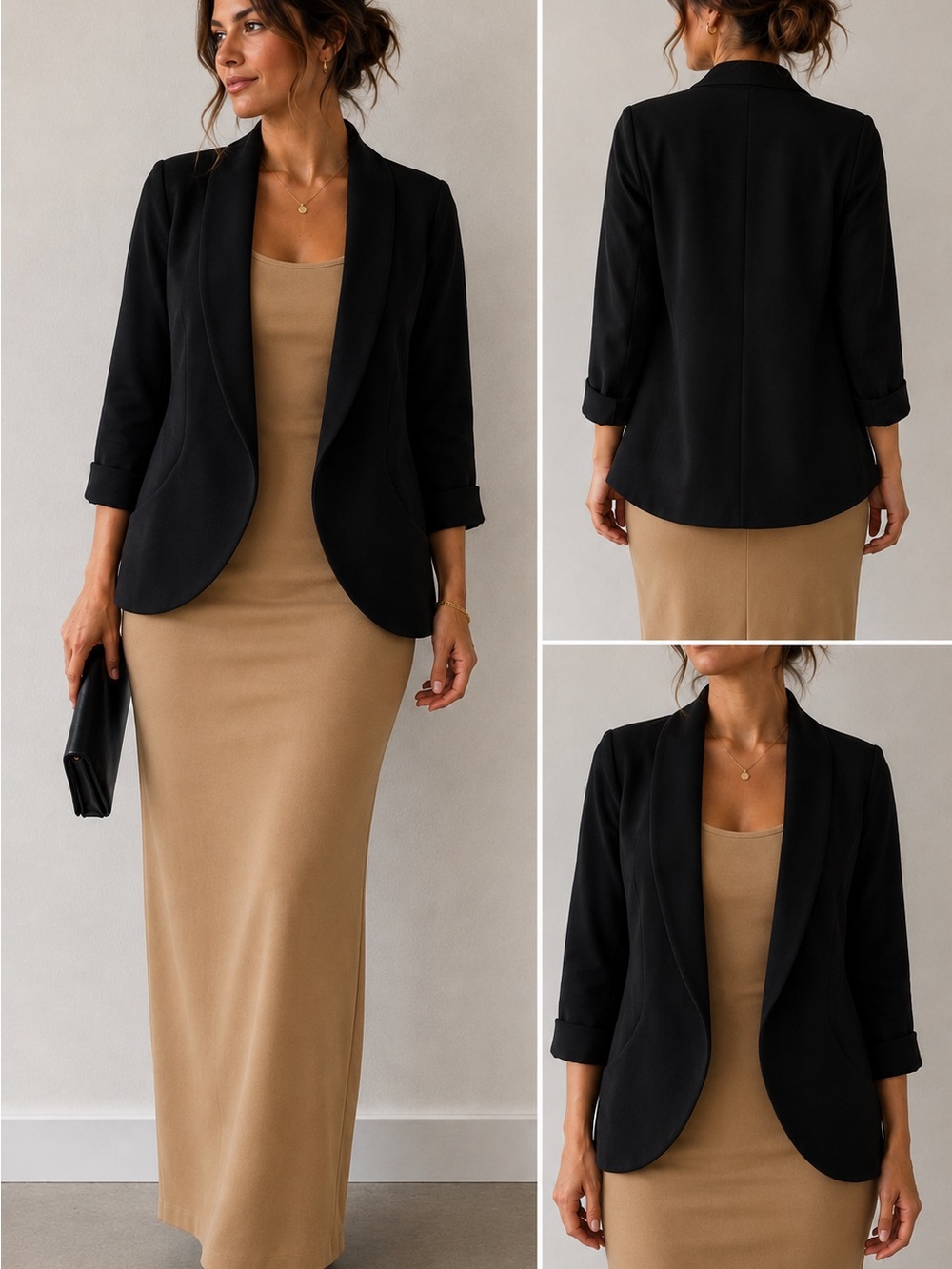 Black Draped Open-Front Blazer with Rolled Sleeves